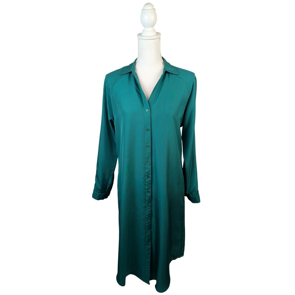 J. Peterman Womens Silk Shirt Dress Teal Green Button Front Pockets XS RN77608